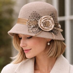 Vintage Style Cloche Derby Hat Size 57 Taupe | Gatsby Downton Abbey Rosette
